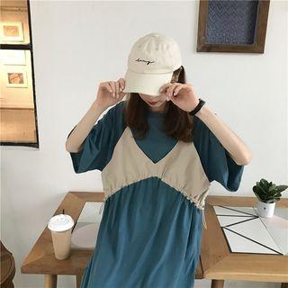 Mock Two-piece Elbow-sleeve Midi T-shirt Dress Aqua Green - One Size
