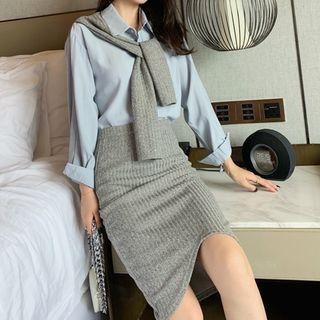 Set: Knit Panel Mock Two Piece Top + Knit Midi Skirt