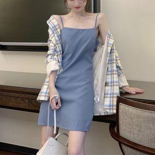 Plaid Blazer / Spaghetti Strap A-line Dress