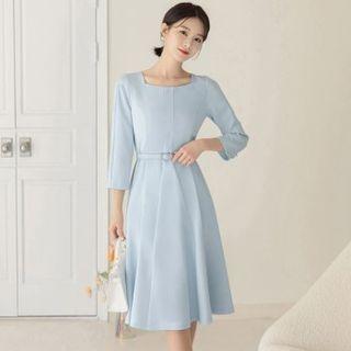 Square-neck Midi Flare Dress With Rhinestone Belt