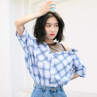 Plaid Elbow-sleeve Mock Two-piece Shirt