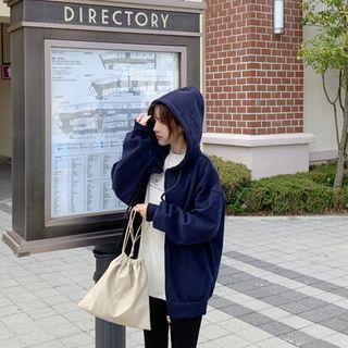 Oversized Fleece-lined Zip-up Hoodie Navy Blue - One Size