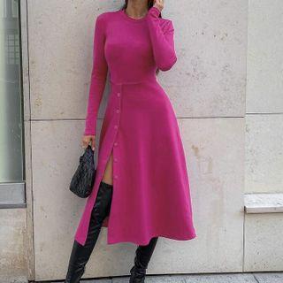 Long Sleeve Button Detail Knitted Midi Dress