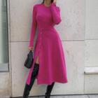 Long Sleeve Button Detail Knitted Midi Dress