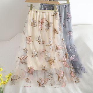 Sequin Embroidered Mesh Midi A-line Skirt