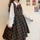 Plain Shirt / Plaid Jumper Dress / Bow Tie / Set