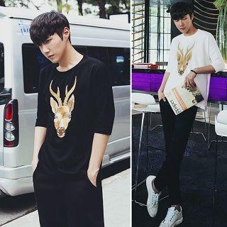 Elbow-sleeve Embroidery T-shirt