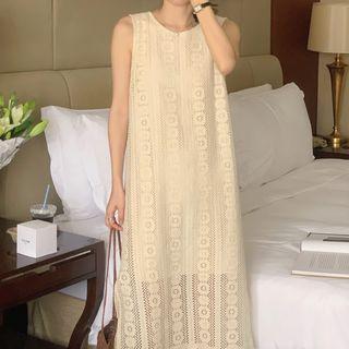 Sleeveless Round Neck Perforated Midi Dress Almond - One Size