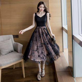 Star Embroidered Sleeveless Midi A-line Dress