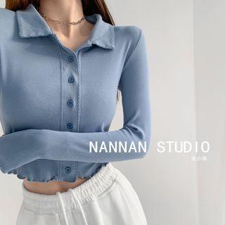 Collared Wave-edge Button-up Crop Top