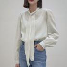 Puff-sleeve Tie-neck Shirred Blouse Ivory - One Size