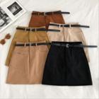 Plain Asymmetric Pocket High-waist A-line Skirt With Belt
