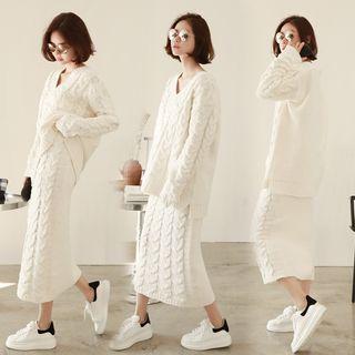 Set Of Two: V-neck Plain Cable-knit Straight Sweater + Plain Long Maxi Skirt
