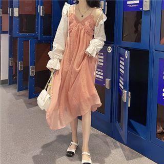 Spaghetti-strap Midi A-line Dress / Bell-sleeve Cover-up