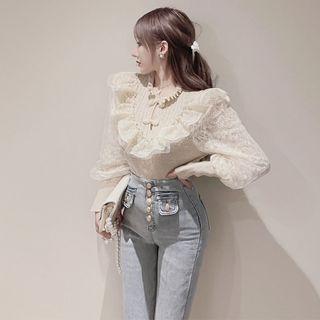 Long-sleeve Frog-buttoned Lace Trim Knit Top / High-waist Washed Skinny Jeans