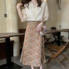 Elbow-sleeve Blouse / Floral Print Midi A-line Skirt