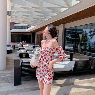 Elbow-sleeve Floral Print Square-neck Mini Dress