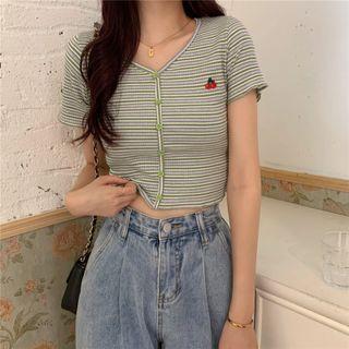 Short-sleeve Striped Cherry Embroidered T-shirt
