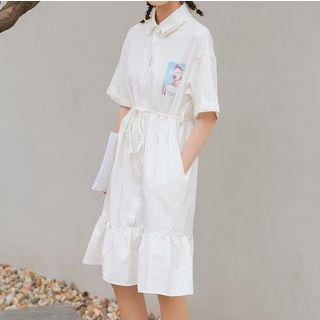 Elbow-sleeve Frill Trim Printed Shirt Dress