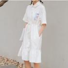 Elbow-sleeve Frill Trim Printed Shirt Dress