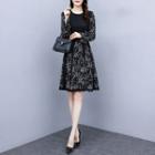 Long-sleeve Floral Print Lace Trim A-line Chiffon Dress