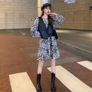 Long-sleeve Zebra Print A-line Dress / Faux Leather Vest