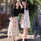 Short-sleeve Top / Dotted A-line Mini Pinafore Dress / A-line Midi Skirt / Set