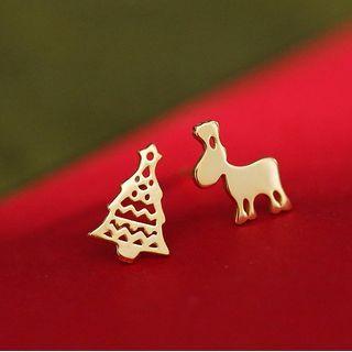 Christmas Tree Deer Asymmetrical Sterling Silver Earring
