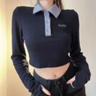 Letter Embroidered Long-sleeve Crop Polo Shirt