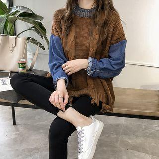 Mock Two-piece Denim Panel Cable-knit Sweater