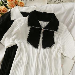Ribbon-collar Ribbed-knit T-shirt