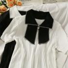 Ribbon-collar Ribbed-knit T-shirt