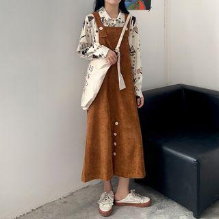 Midi Corduroy Pinafore Dress / Print Shirt / Set