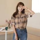 Tab-sleeve Shirred Plaid Blouse With Scarf