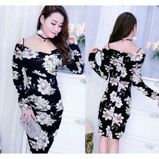 Floral Print Off Shoulder Long Sleeve Dress