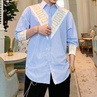 3/4-sleeve Lettering Panel Striped Shirt