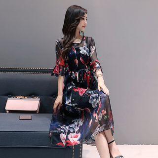 Set: Elbow-sleeve Floral Midi A-line Dress + Slipdress