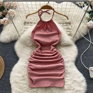 Sleeveless Halter Plain Ruched Dress Pink - One Size