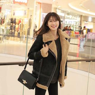 Faux-shearling Biker Jacket Black & Beige - One Size