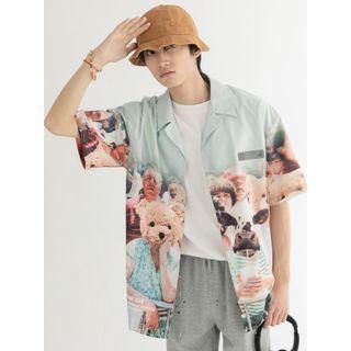 Elbow-sleeve Open-collar Graphic Print Shirt