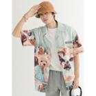 Elbow-sleeve Open-collar Graphic Print Shirt