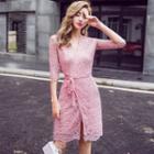 Elbow Sleeve V-neck Lace Wrap Dress