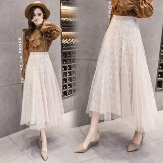 Midi Mesh-overlay Lace Skirt