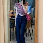 Short-sleeve Striped Knit Top / Bootcut Jeans