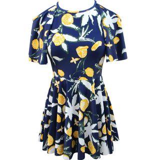 Set: Printed Cutout Shoulder Short-sleeve Swimdress + Swim Shorts