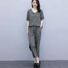 Set: Short-sleeve Gingham Top + Straight-fit Pants