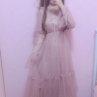 Flared-cuff Rhinestone Midi Mesh Dress