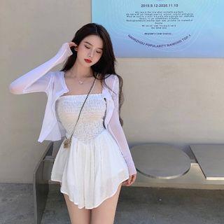 Plain Pleated Wide Leg Jumpsuit / Plain Cardigan