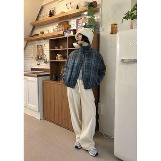 Plaid Short Padding Jacket Navy Blue - One Size