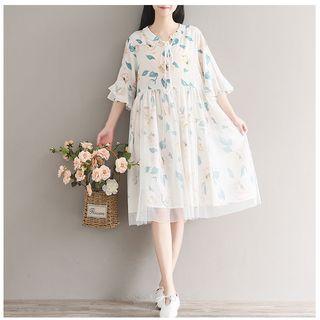 Leaf Print Mesh Overlay Elbow Sleeve Dress